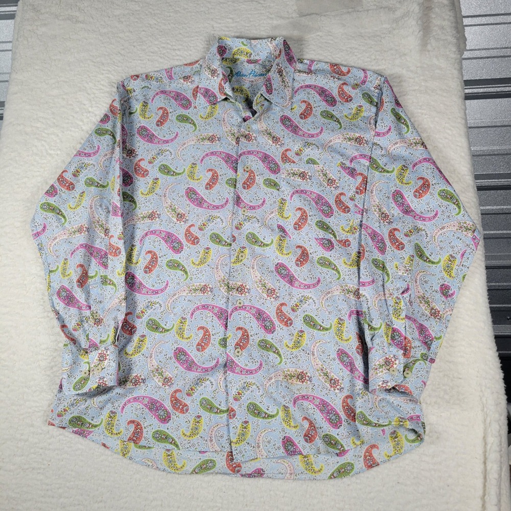 Alan Flusser Button Down Shirt Mens L Blue Paisley Floral Cotton Long Sleeve